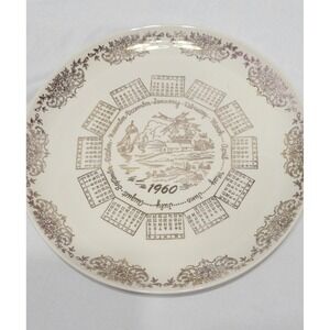 1960 Ceramic Collector Plate Decorative Gold Calendar Pattern Vintage Round